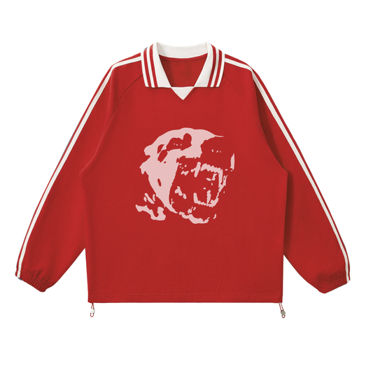 CONTRAST STRIPPD LAPEL COLLAR SWEATSHIRT